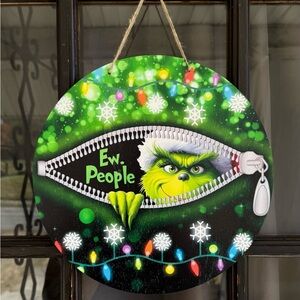 Funny Grinch Christmas Sign Ew, People Holiday Door Sign 12” Round Wooden Wall